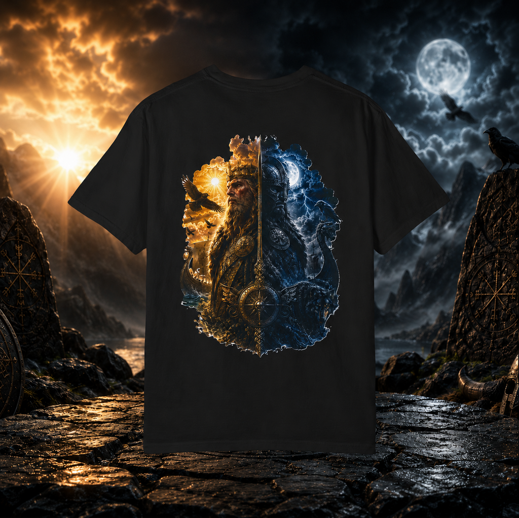 NightHalla Viking Garment-Dyed T-Shirt – Norse Day & Night Graphic Tee