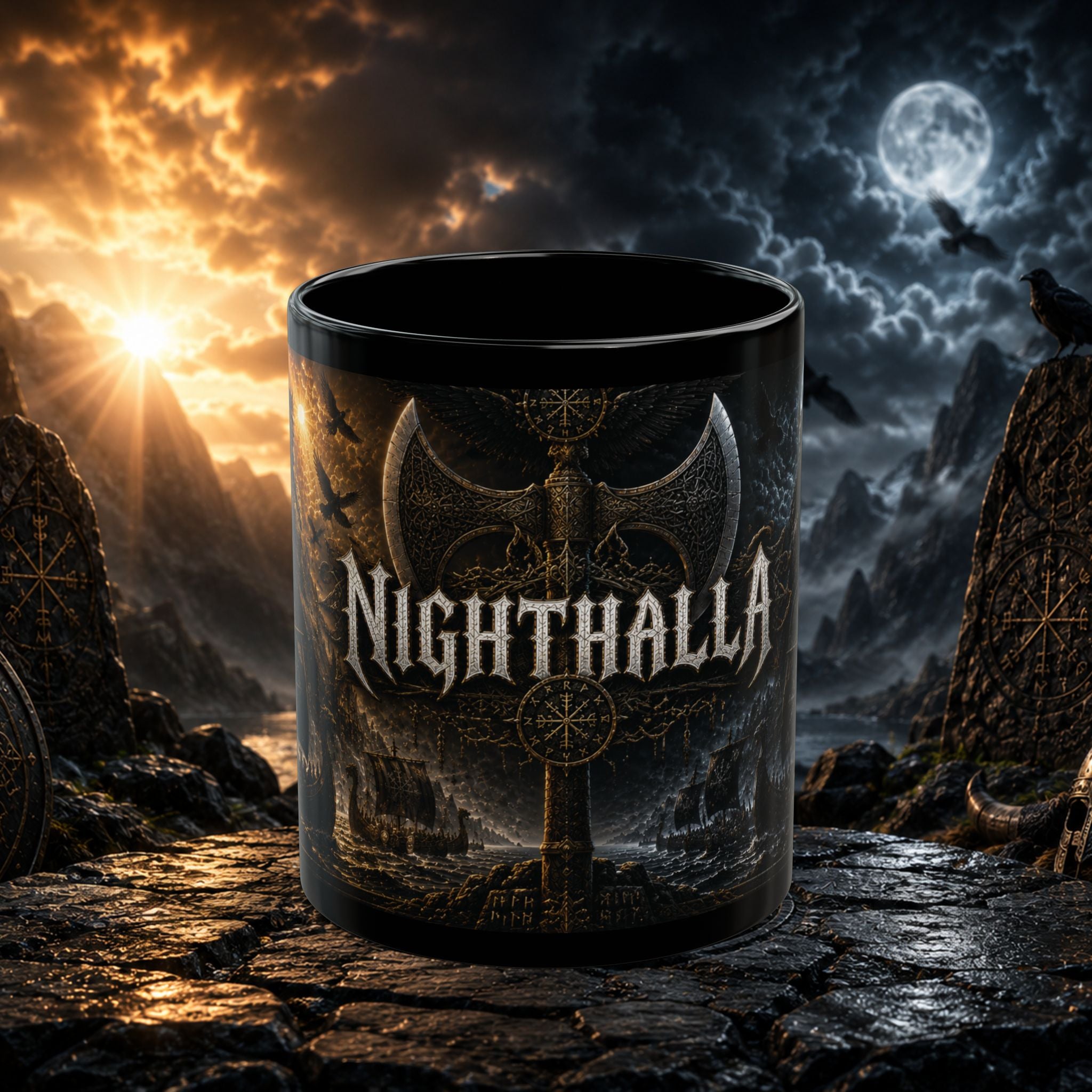 Nighthalla Premium Black Mug | Dark Fantasy Viking Aesthetic