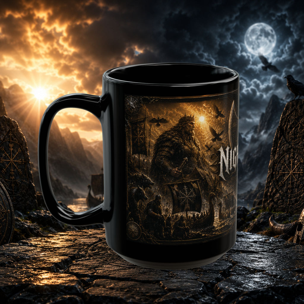 Nighthalla Premium Black Mug | Dark Fantasy Viking Aesthetic