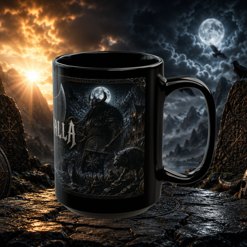 Nighthalla Premium Black Mug | Dark Fantasy Viking Aesthetic