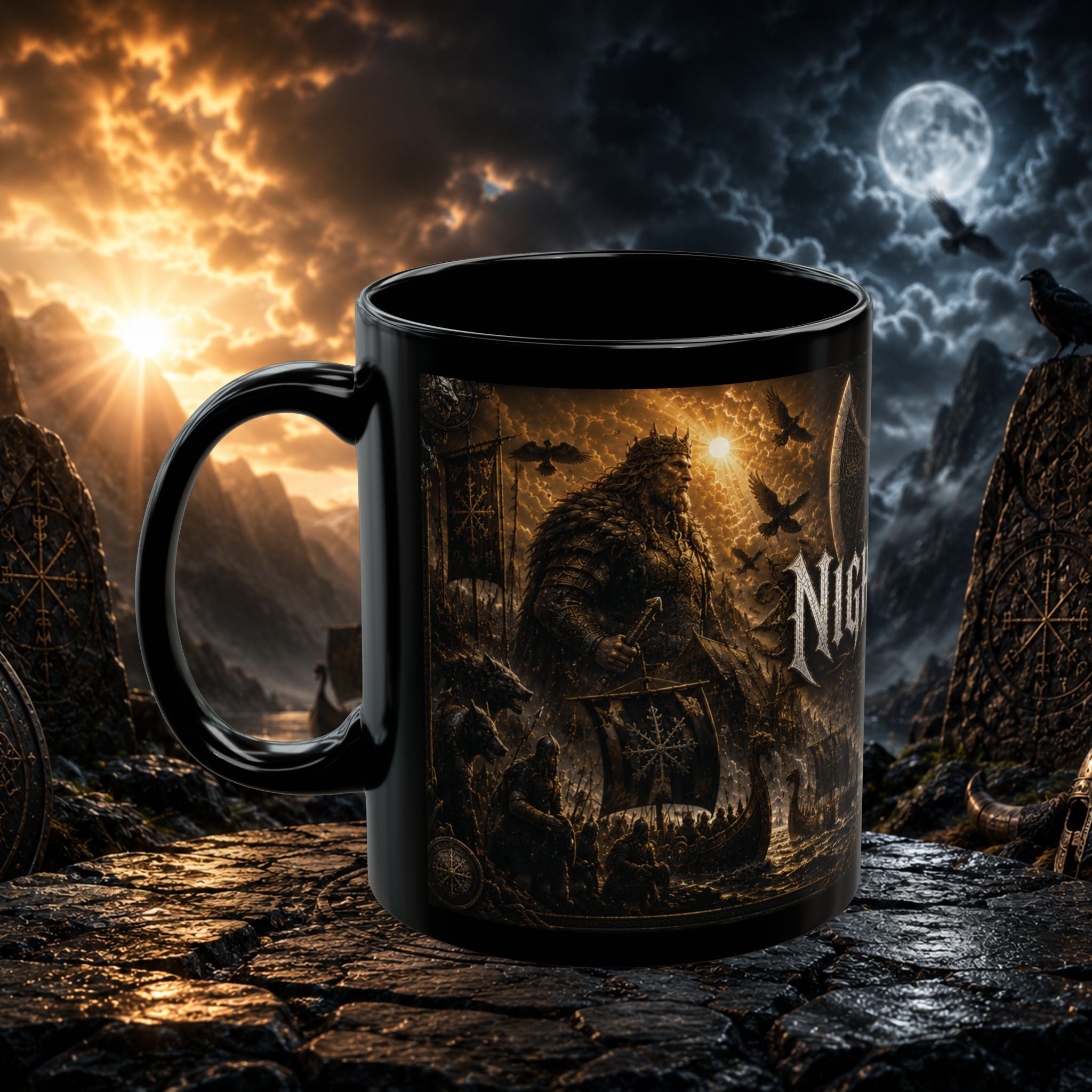Nighthalla Premium Black Mug | Dark Fantasy Viking Aesthetic