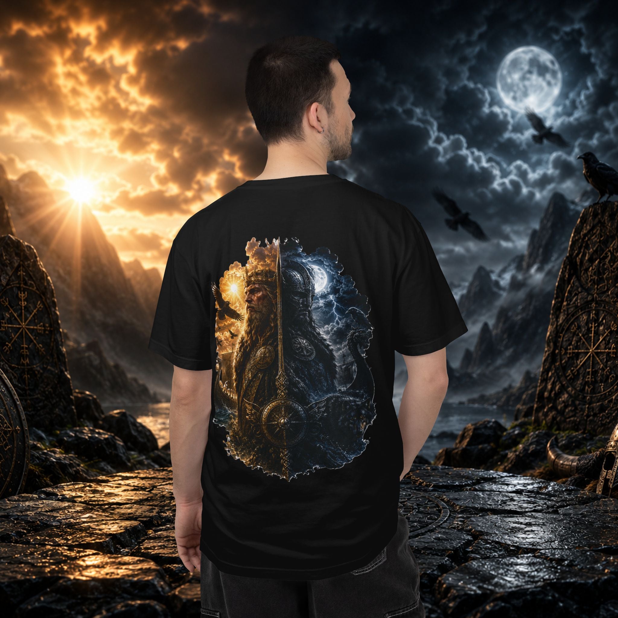 NightHalla Viking Garment-Dyed T-Shirt – Norse Day & Night Graphic Tee