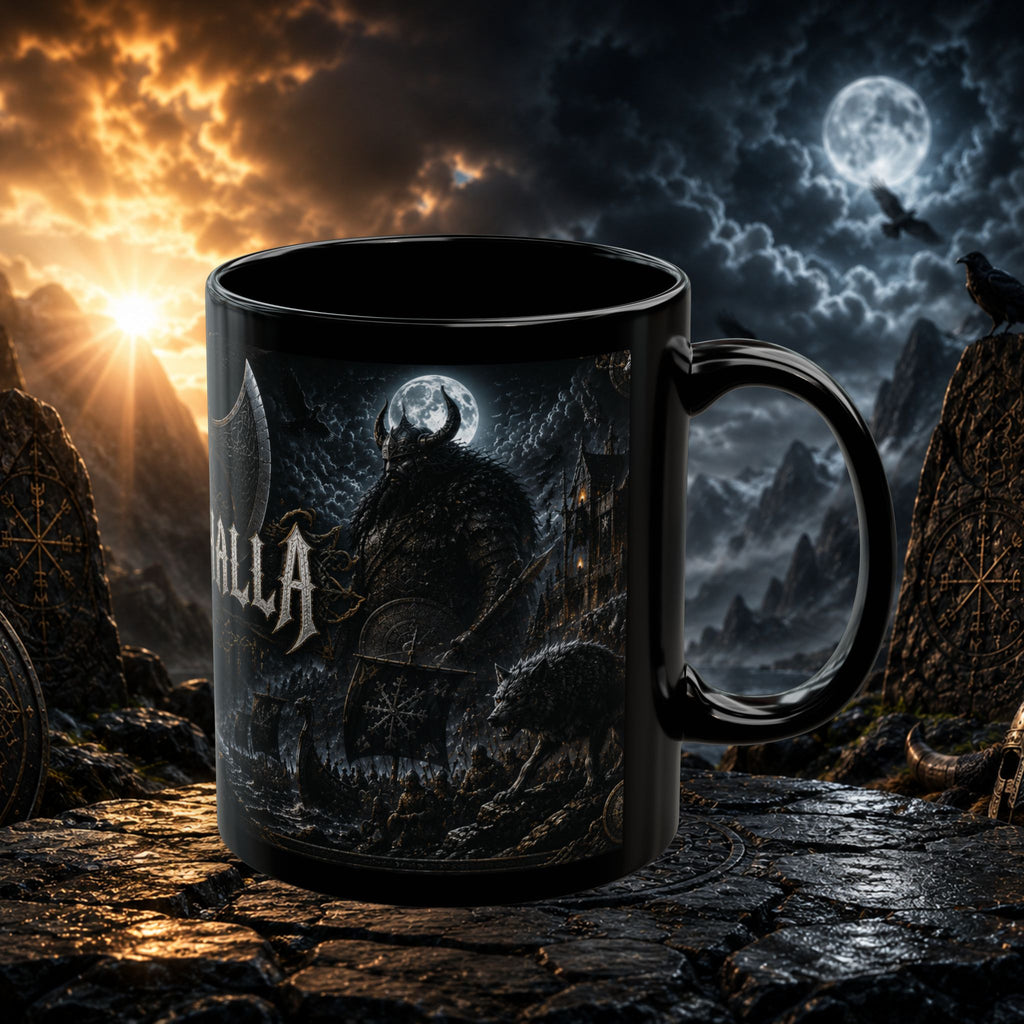 Nighthalla Premium Black Mug | Dark Fantasy Viking Aesthetic