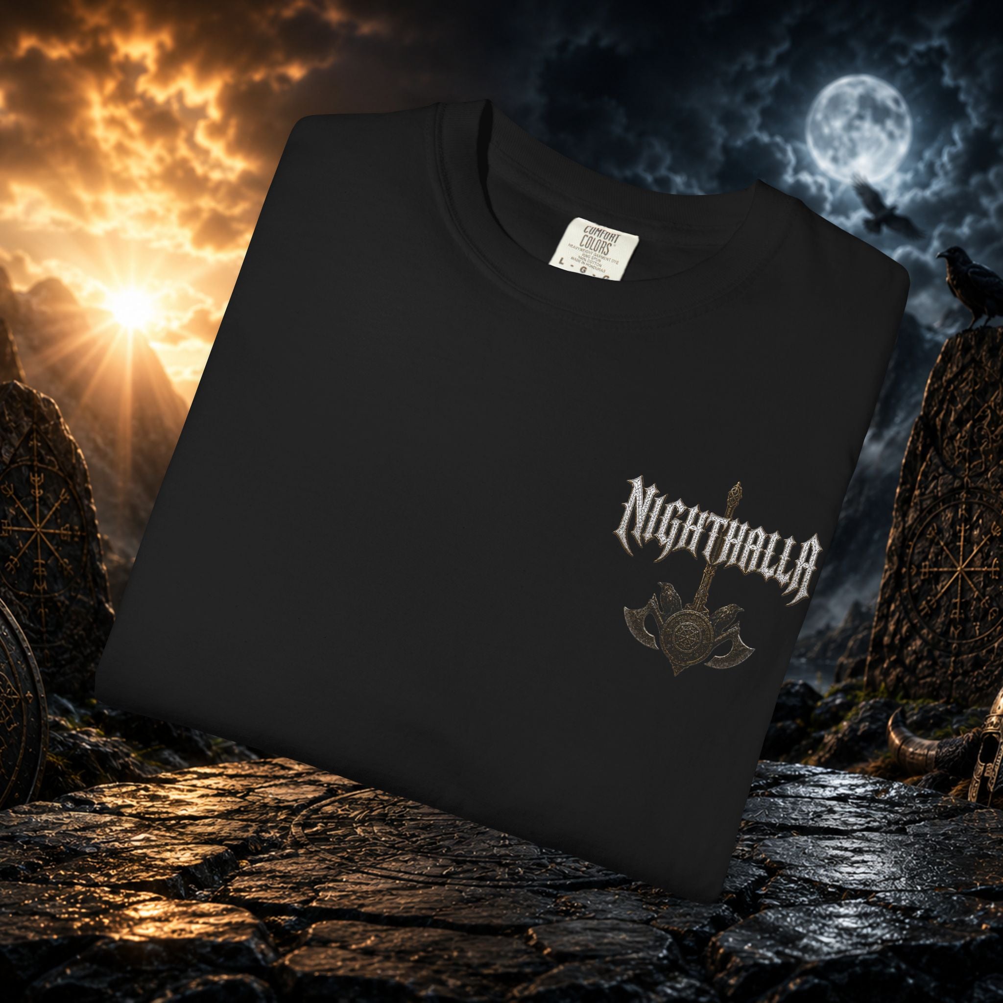 NightHalla Viking Garment-Dyed T-Shirt – Norse Day & Night Graphic Tee